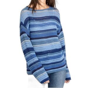 Johnny Was Esmeralda Striped Crochet Sweater Size Small Midnight Blue Pullover